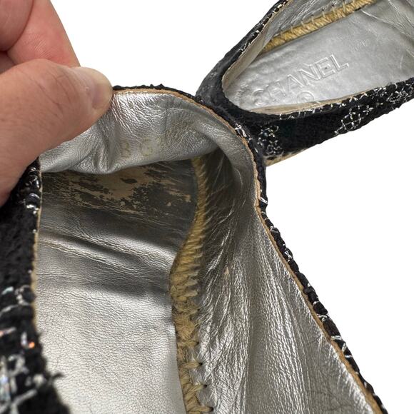 Chanel Black Tweed CC Espadrilles with Silver Cap Toe Jute Sole Flats Size 40 - Picture 9 of 10